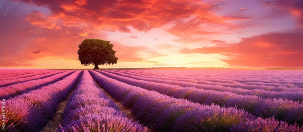 Poster gorgeous lavender field scene set against a summer sunset with a vast copy space image.