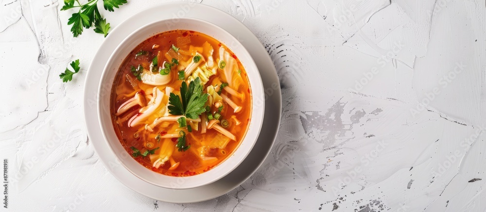 Poster A white table with a glossy surface displays a bowl of cabbage and shiitake mushroom soup, with ample copy space image.