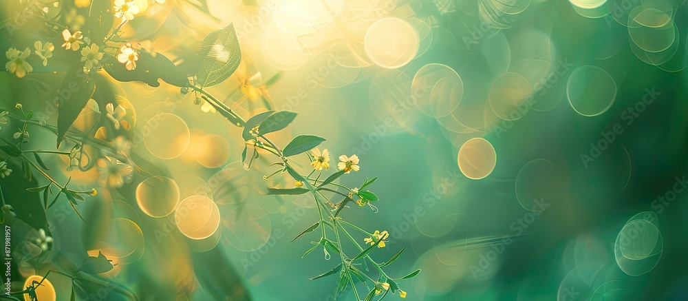 Aufkleber green blurred background with a yellow tint featuring bokeh circles surrounding wildflowers and leav