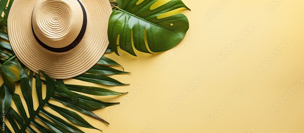 Poster Summer holidays depicted with a flat lay top view featuring a tropical leaf and a straw hat, creating a summer concept with ample copy space image included.