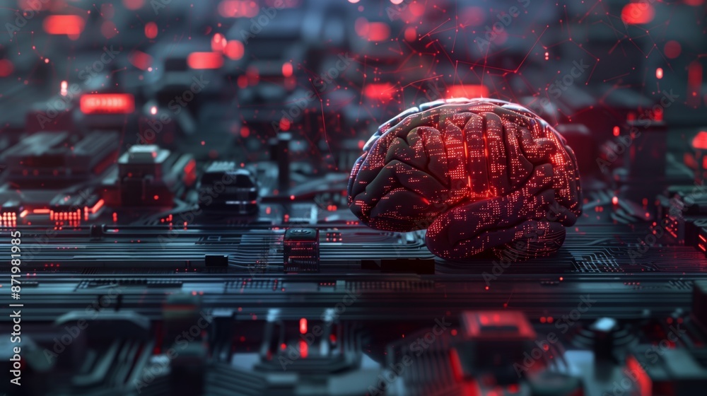 Poster A close-up shot of a 3D rendering of a brain resting on a circuit board, illuminated by red lights.