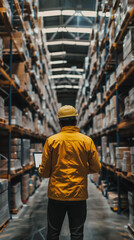 warehouse manager overseeing order fulfillment, using a digital tablet to track operations, set against a backdrop of extensive inventory shelves