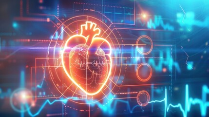 Obraz premium A glowing heart with line graphics and icons displays medical data on an AI interface against a futuristic background illustrating healthcare technology and innovation