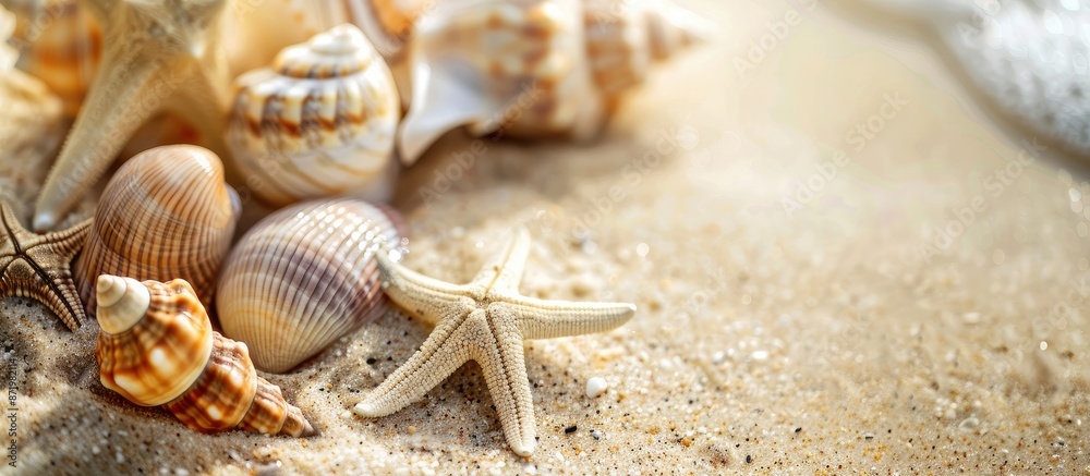 Poster seashells on sandy beach with ample copy space image.