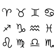 Hand drawn set of zodiac signs on white background. Concept astrology, mythology, horoscope.