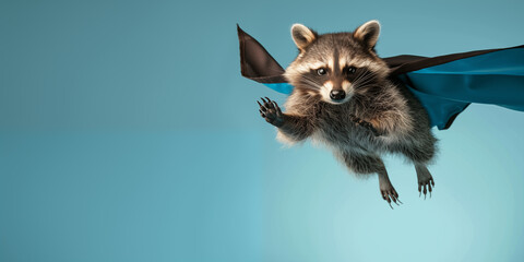 A raccoon flying in a superhero's cape. Background with copy space.