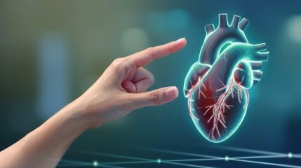 A human hand reaching or touching a digital heart symbolizing medical care and health check ups in cardiology for all ages