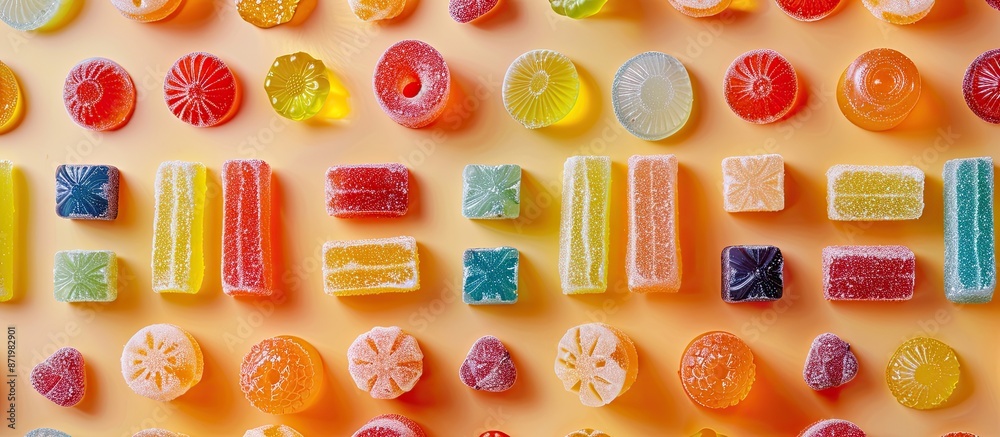 Poster A variety of delicious jelly candies displayed on a bright backdrop in a flat lay composition with room for text in the image.