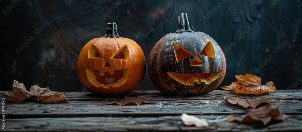Poster halloween-themed image with two pumpkins displayed on a rustic wooden table against a black backdrop