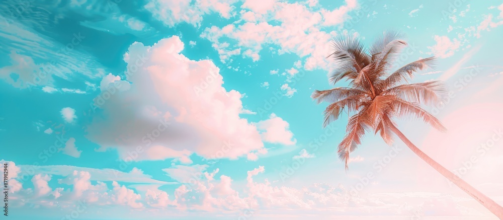 Poster Copy space image of a beach in summer with a palm tree against a blue sky dotted with clouds, featuring pastel hues and a soft, blurred background.
