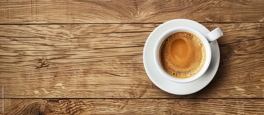 Poster a cup of flat white coffee is placed on a wooden table with ample copy space image.