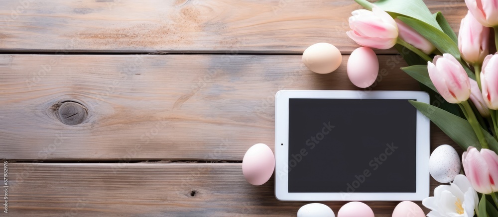Aufkleber On a wooden table, there is a tablet with a blank screen and painted eggs displayed, creating a charming composition with a copy space image.