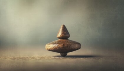Vintage wooden spinning top captured in motion, showcasing a nostalgic toy against a blurred background.