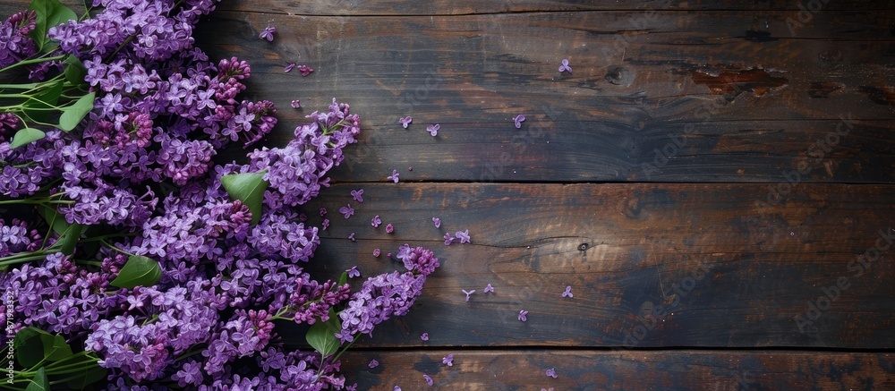 Poster top view of lilac flowers on a wooden surface with ample copy space image available.