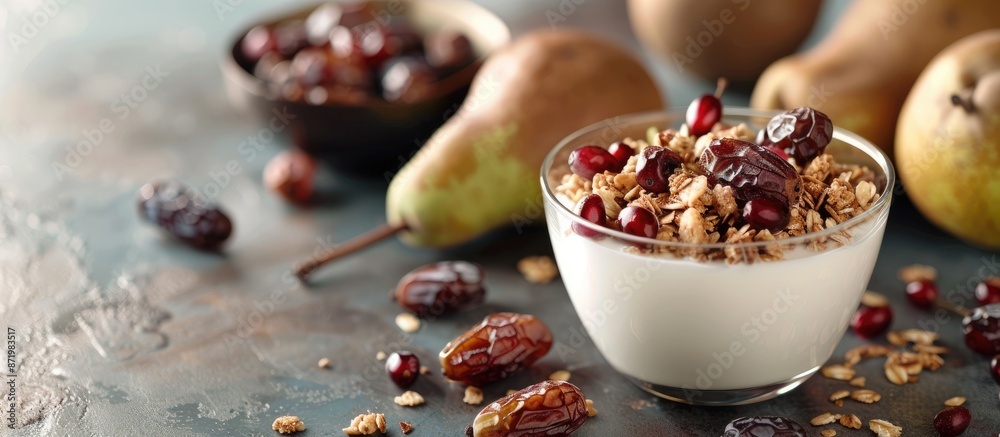 Poster a mixture of muesli, dates, and fresh pears, complemented by a glass of milk, creates a harmonious b