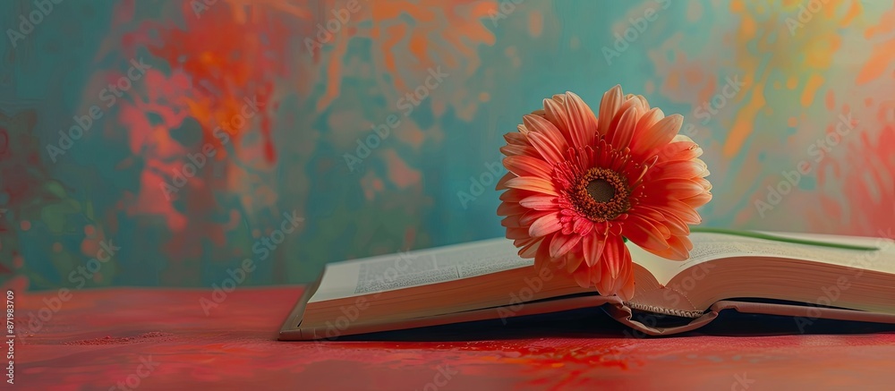 Poster A flower placed on an open book on a light table, set against a book background, creates a back-to-school theme with copy space image.