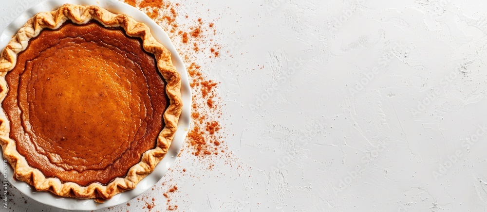 Poster close-up of a delicious pumpkin pie in a baking dish on a white background with copy space image.