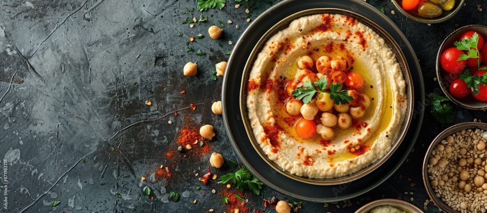 Aufkleber A top view of a classic hummus dish displayed with a blank area for additional image or text, known as a copy space image.