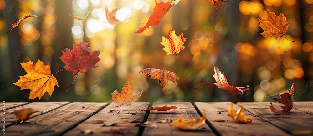 Aufkleber autumn maple leaves on a wooden table create a falling leaves natural background with copy space ima
