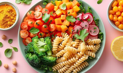 colorful kids meal featuring vegetables, pasta on green plates on pink background.stock photo