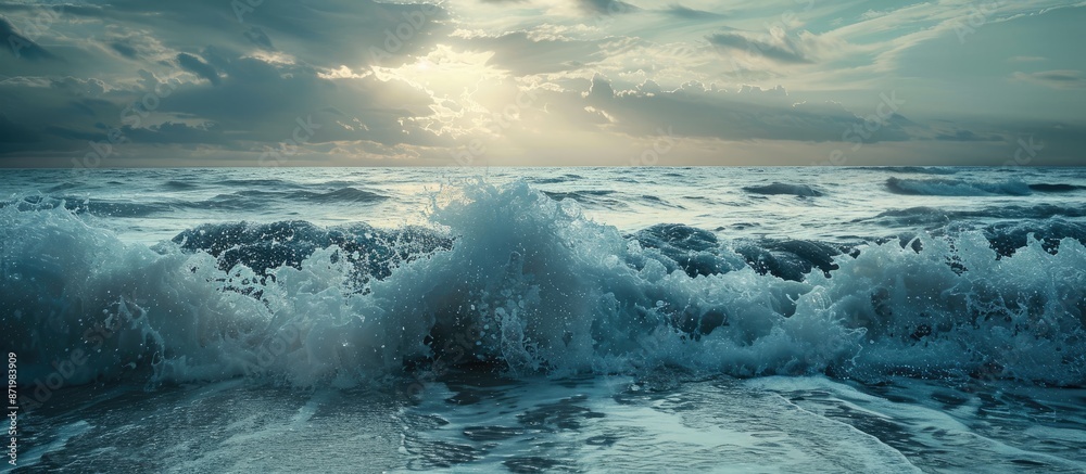 Poster the ocean waves crashing along the shore, complete with a stunning horizon and a copy space image.