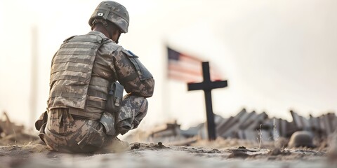 Soldier kneeling at battlefield cross with American flag honoring fallen heroes. Concept Military Tribute, Fallen Heroes, Battlefield Cross, American Flag, Soldier Respect