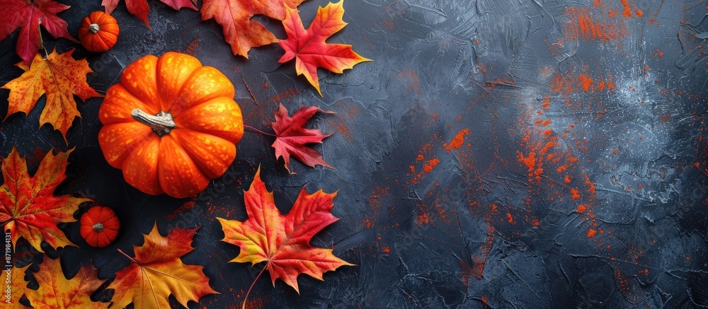 Poster Vibrant fall maple leaves and a pumpkin placed on a dark backdrop with space for adding an image.