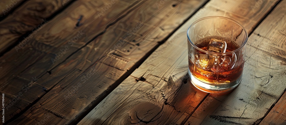 Poster a glass of whiskey set on a wooden surface with copy space image.