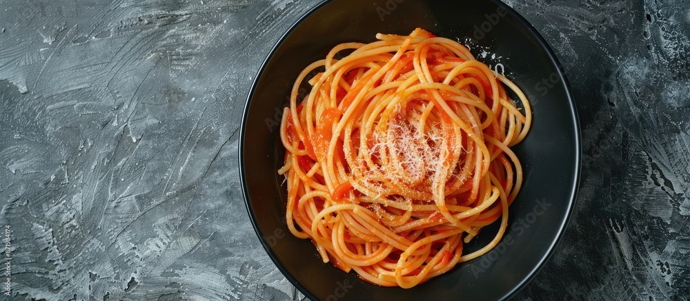 Poster top-down view of pasta, spaghetti with tomato sauce presented in a black bowl on a grey stone backgr