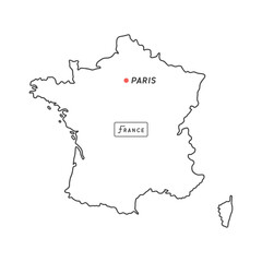 シンプルなフランスの白地図 - 首都パリの位置をマークした線画マップ
