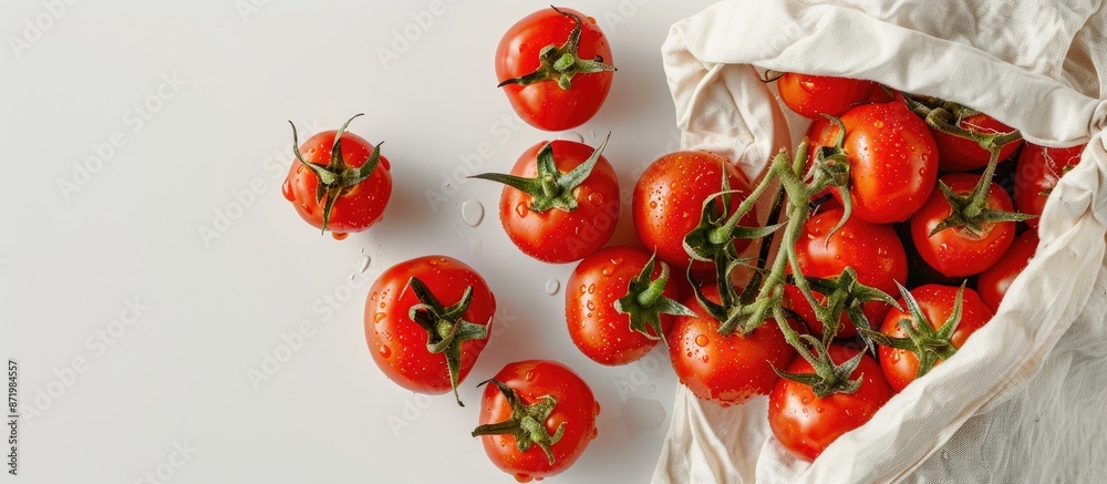 Poster Overhead view of fresh tomatoes next to an eco-friendly bag on a white background with copy space image.