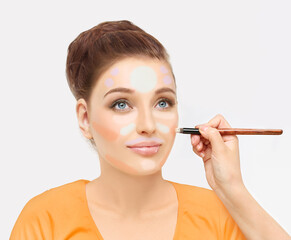 Coverage foundation and a concealer  . Contouring.Make up woman face