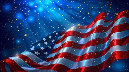 Waving American flag with blue and gold starry background.