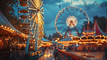 Illuminated Ferris wheel and carnival rides at night, creating a festive atmosphere, blurred image for using as a background.
