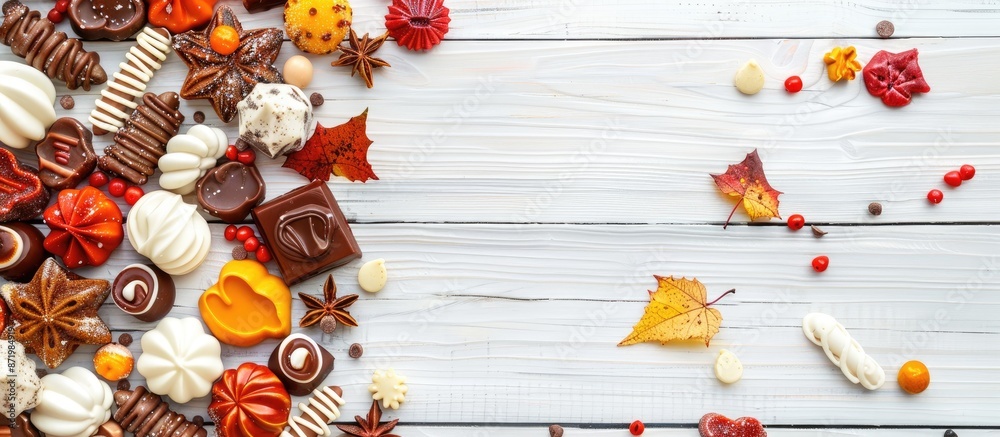 Poster top view of an array of classic autumn sweets on a white wooden backdrop, forming a side border with