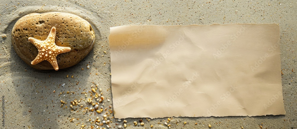 Poster A blank sheet of paper rests on sandy beach, next to a stone featuring a small seastar, creating a serene scene with copy space image.