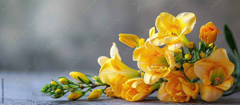 Poster indoor table displays lovely yellow freesia flowers with room for a text overlay on a copy space ima