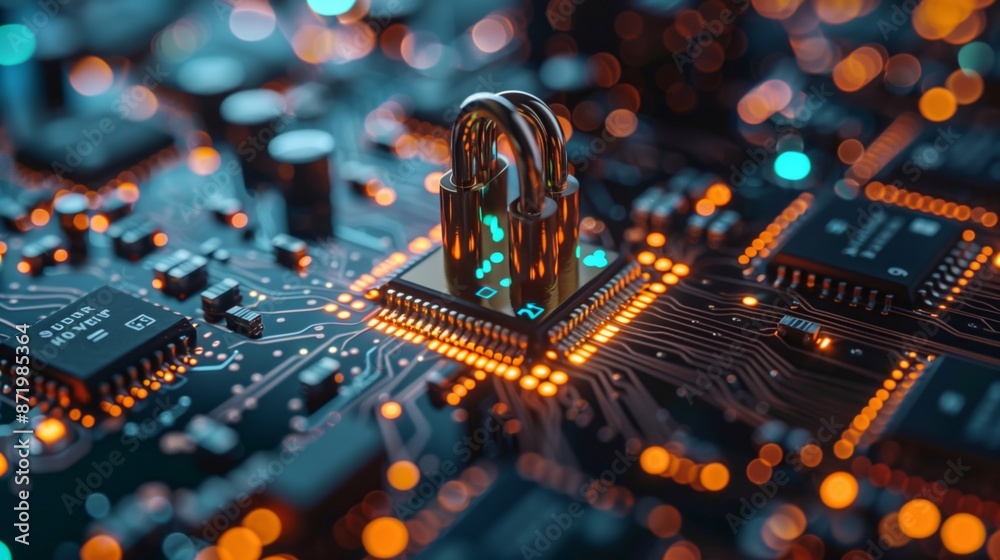Poster a gold padlock sits on a circuit board, representing the importance of cybersecurity in todays digit