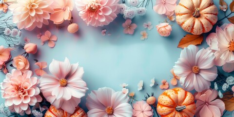 A beautiful arrangement of pastel flowers and pumpkins forming a delicate frame on a light blue background, perfect for autumn-themed designs.