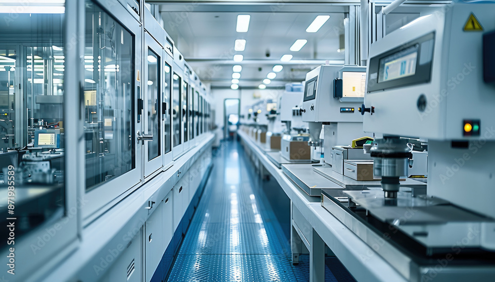 Poster a production line where parts of medical instruments. generative ai.
