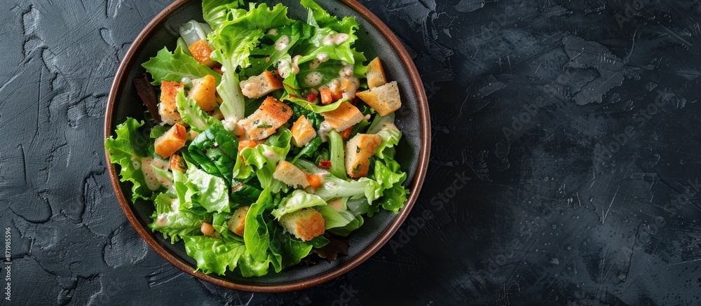 Aufkleber top-down view of a tasty caesar salad on a dark surface, with room for text in the image.