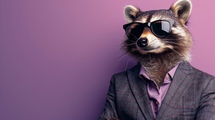 A raccoon wearing sunglasses and a suit, standing against a purple background.