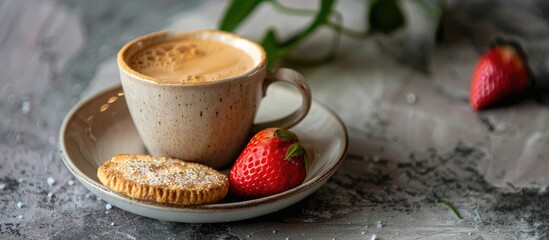 Latte with a sugar rusk and strawberry, with copy space image.