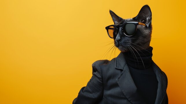 A stylish black cat wearing a suit and glasses poses against a yellow background.