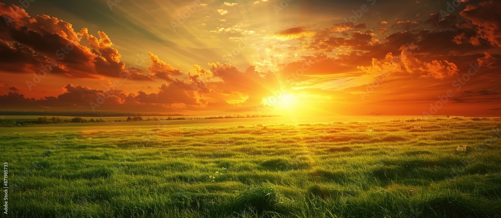 Poster scenic green field with a stunning sunset glow providing a great backdrop for a copy space image.