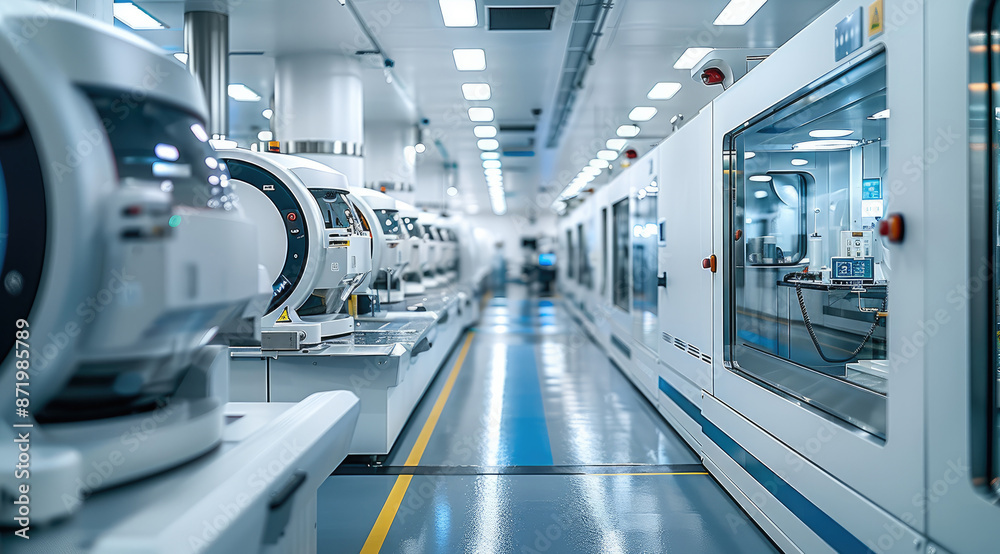 Poster a production line where parts of medical instruments. generative ai.