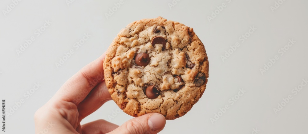 Poster a cookie with a creamy center held by a hand set against a white backdrop, providing space for addit