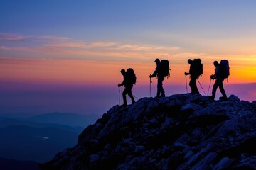 Fototapeta premium A silhouette of five hikers walking on the top of a mountain at dusk, silhouette photography Generative AI