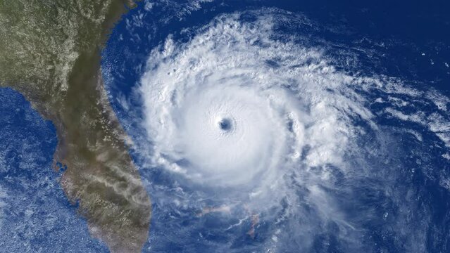 A fictional satellite view of a large hurricane near America's east coastal region, including Florida, Georgia, and the Carolinas. Modified hurricane image courtesy of NOAA.GOV.  	