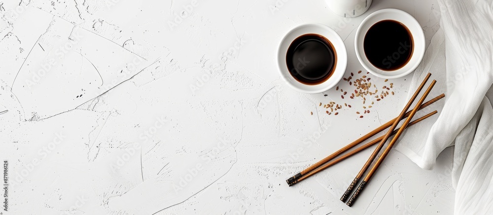 Poster a white table featuring soy sauce, chopsticks, and ample space for a caption or copy space image.